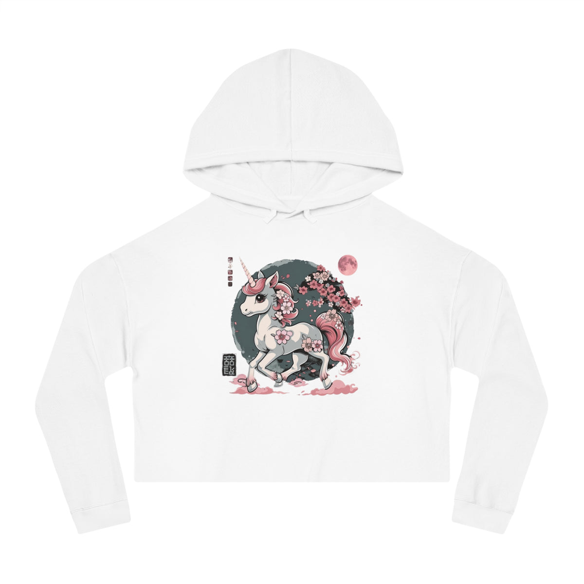 Unicorn Sakura Cropped Hoodie — Japanese Cherry Blossom Fantasy Sweatshirt