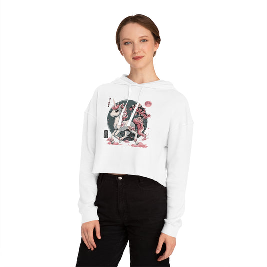Unicorn Sakura Cropped Hoodie — Japanese Cherry Blossom Fantasy Sweatshirt